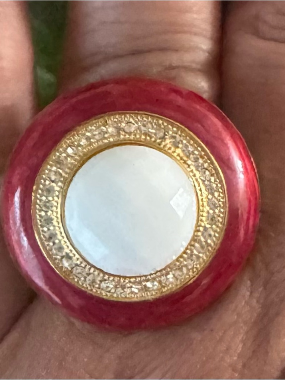 Gold-Trim Pink and White Round Statement Ring